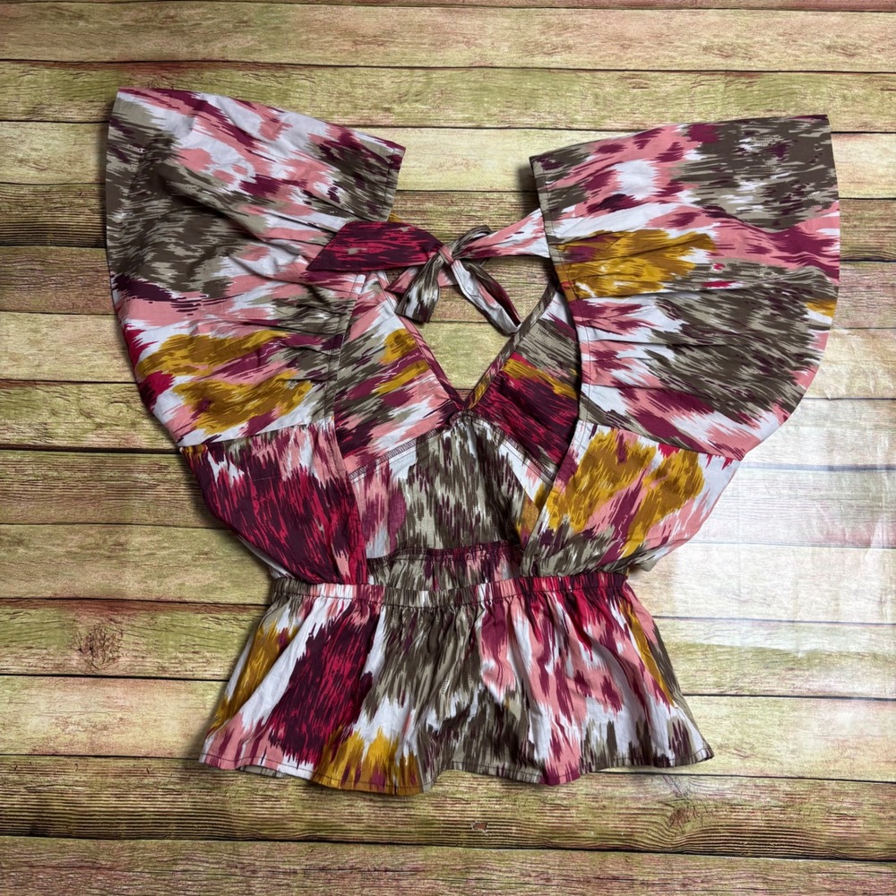 Love the Label Abstract Ikat Flutter Sleeve Tie Back Peplum Top Pink Ochre XS - Picture 3 of 7